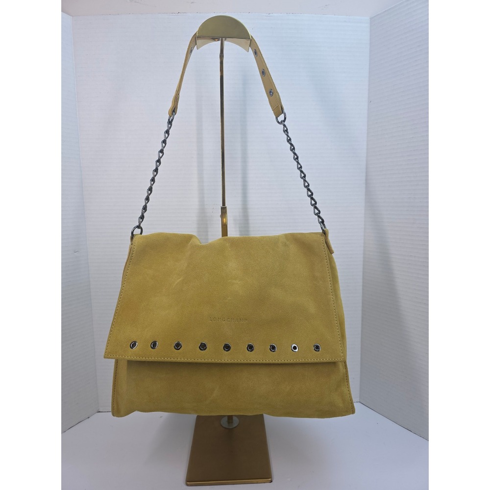 Longchamp Lime Yellow Suede Grommet Shoulder Bag Made in France L1510885163 NWT